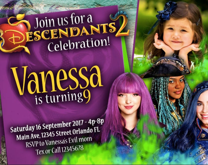 Birthday Invitation Disney Descendants 2 Girls With Photo - We deliver your order in record time! Less than 4 hours! Descendants 2 Party