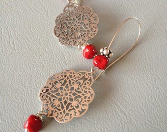 Bohemian earrings, Moorish-inspired, red Lampwork Glass and silver metal, creating Leamorphoses