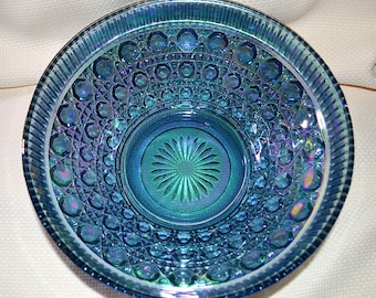 Indiana Glass Blue Carnival Glass Bowl, Blue Carnival Glass Serving Bowl, Indiana Glass Blue Windsor Glass Serving Bowl