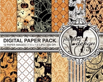 Halloween "digital paper pack", background, "printable paper", download Pack, black, Orange, dark #11