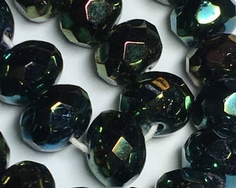 Rondelle, Iris Green, fire polish, 5 x 8mm, pressed glass, 25 beads