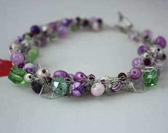 Purple Haze, Purple, green glass beads, silver square, hand crocheted necklace