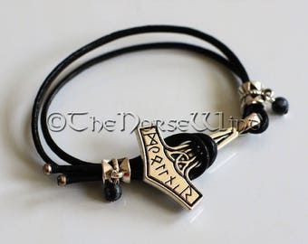 Viking Bracelet Thor's Hammer Bracelet with Black Obsidian Gemstones, Mjolnir Bracelet Amulet Norse Bracelet Norse Mythology Viking Jewelry