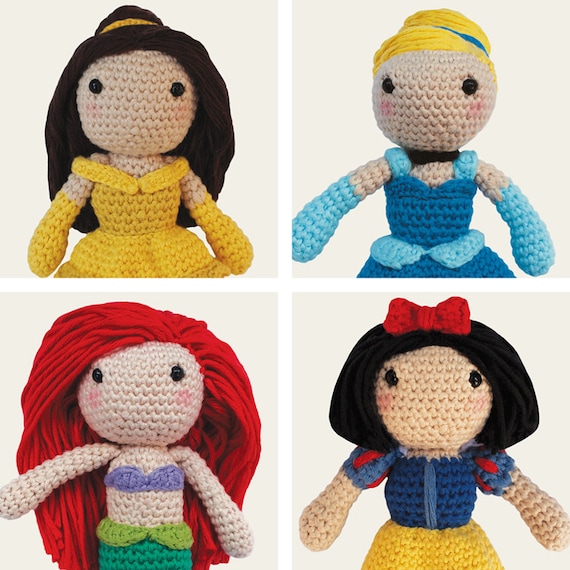 Disney Princess: Belle, Cinderella, Ariel & Snow White. Beauty and the Beast, Little Mermaid, Classic Amigurumi Pattern, DIY, Crochet, Gift