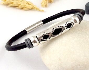 ethnic silver father's day Pearl bracelet black leather