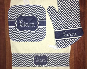 Chevron Monogram Towel Pot Holder Oven Mitt Set