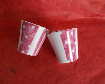 Duo of coffee cups or espresso saucer bamboo stripes and polka dot raspberry