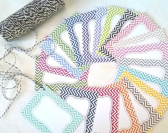 A set of 20 colorful labels with their string