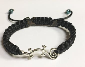 Gecko Charm Bracelet, Black Nylon Gecko Charm Braided Charm Bracelet