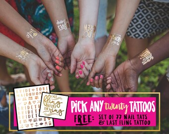 Pick any TWENTY 20 Tattoos / Custom set of tattoos / Hen night / Bachelorette Party / gold temporary tattoos / wedding tattoos / hen do