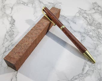 Hand-turned slimline exotic wooden pen made from Ropalo Lacewood, with brushed-gold fittings - May be personalised with Name or phrase