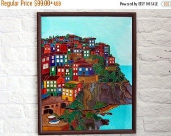 ON SALE Original painting on glass - Cinque Terre painting - Italian landscape stain glass - Mediterranean seascape - Bright houses seashore