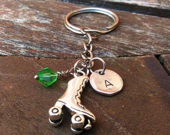 Rollerskate Keychain, Personalized Initial Name Keychain, Customized Initial Letter Keychain, Sports Keychain, HandStamped Monogram Keychain