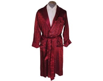 Vintage 1950s Red Satin Dressing Gown by Tulipe Buildings Pattern Mens Lounging Robe Size M