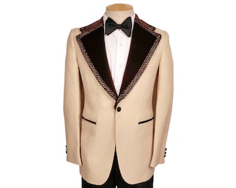 Vintage 1970s Yellow Tuxedo Jacket with Brown Velvet Lapels Mens Size 36
