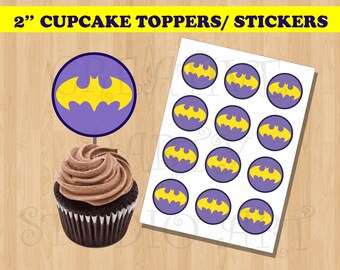 Batgirl Cupcake Toppers/ Batgirl Birthday Party/ Batgirl Party favors/ Batgirl 2'' round logo Stickers/ Labels/ Favor/ Tags/ Purple Batgirl