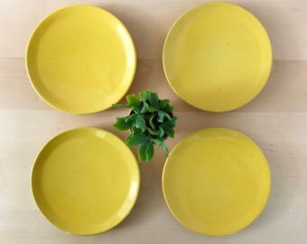 Four Vintage Frankoma Salad, Bread and Butter Plates | Plainsman Autumn Yellow 6G | Set of 4 Ceramic Plates | Mustard Yellow