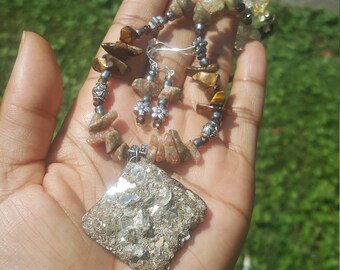 Tiger's Eye, Autumn Jasper and Citrine Chip Bead and Mica Necklace Set