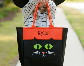 Halloween Cat Tote, Trick or Treat Bag, Halloween Bag, Halloween bucket, personalized Halloween bag