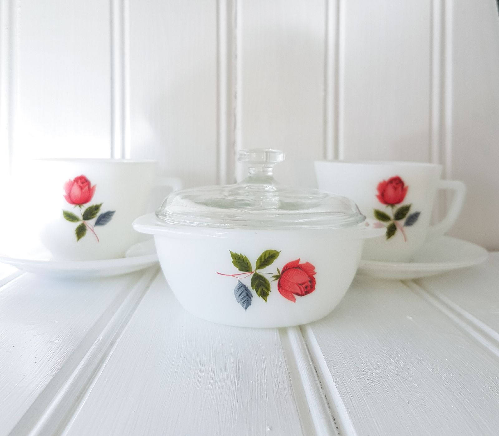 Milk glass coffee cups and saucers sugar bowl set of 3