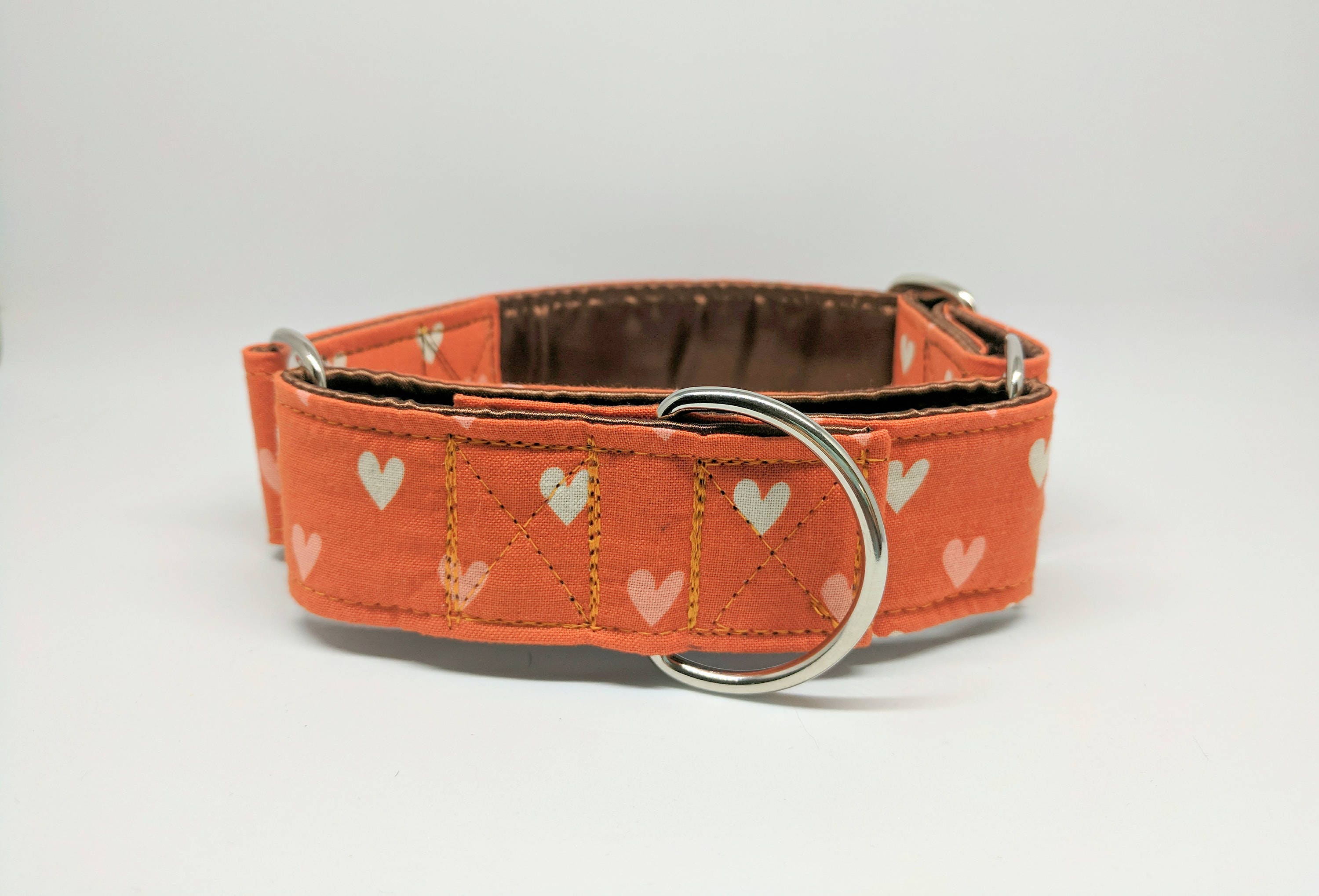 Tiny Hearts Orange Martingale Dog Collar SILVER HARDWARE