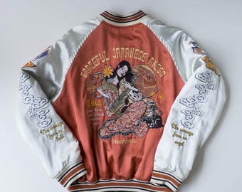 Tedman Peak'd Yellow Asia Geisha Tattoo Art Design Graceful Japanese Anego Embroidery Souvenir Sukajan Jacket Size 42 L SK382