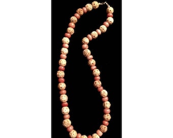 Carved Bone Necklace Vintage Carved Bone Bead & Salmon Coral Colored Glass Beads 14K.G.F. Findings
