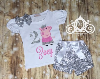 Peppa Pig Birthday Shirt, Bubble Tee with Silver Sequin Shorts, Personalized Monogram with Name and Age