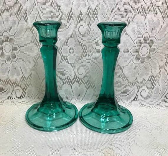 Vintage Teal Green Glass Candlesticks 1970's Colored