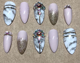 Glue Included | Nude Pink Marble Gold Swarovski Crystal Accent Press On Nails | Glue On Nails | Fake Nails | False Nails