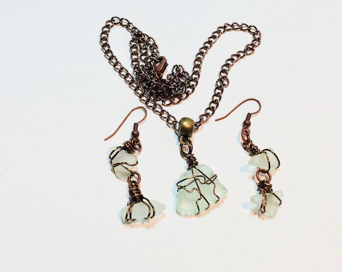 Delicate necklace and dangle earrings - aqua beach glass from Lake Michigan - Pretty and Dainty - antique brass and aqua