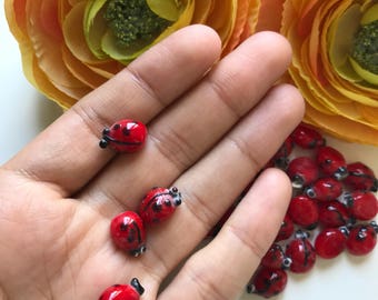 Ladybug beads red glass beads, 10 x 15mm ladybird beads, 5 pcs Inscet beads, Lampwork glass beads, Jewelry supplies