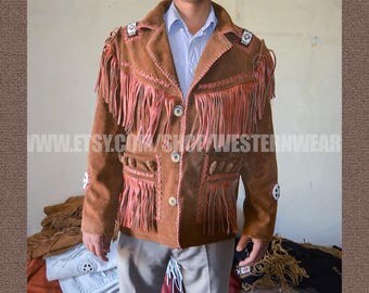 Western native american fringed suede leather jacket and clothing