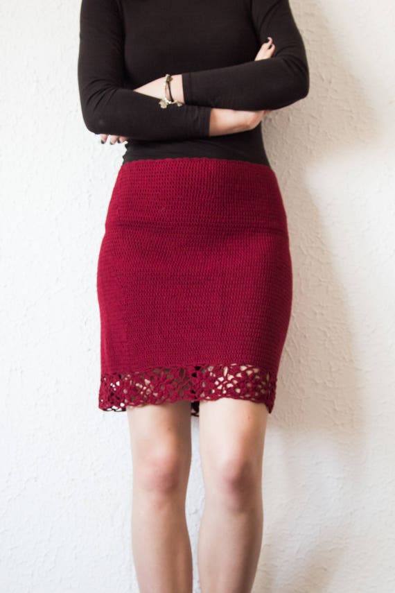 Dark Red medium length skirt handmade crochet