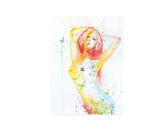Multicolour Female Nude Artwork on paper - Pink, Yellow, Blue Coloured Art of Nude Woman wearing Chanel Necklace