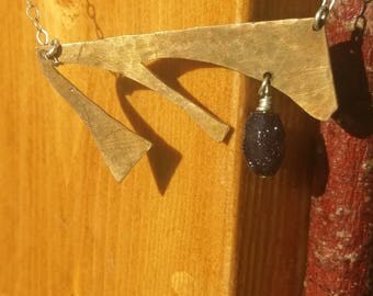 Hammered Brass Bar Necklace with Blue goldstone
