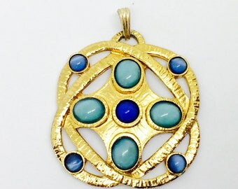 Pendants vintage goldytone with caboshons bleus . French jewelery/ atom and electron , proton
