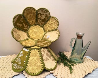 Fabric and Crochet Bowls, Retro, Boho Style Large Bowls, Green, Yellow & Cream