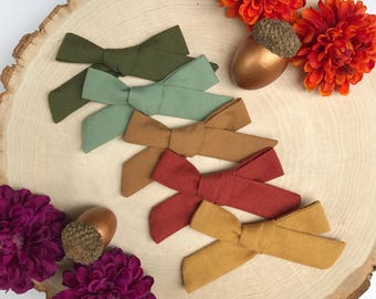 Fall baby bows, baby bow headband, baby girl bow set, mustard bow, newborn hair bows, baby girl hair clips, hand tied fabric hair bows