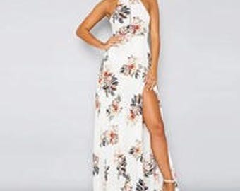 White Floral Halter Dress