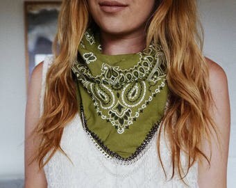 Olive Green Bandana with Silver Chain | Festival Style | Bandana Scarf Necklace | Best Seller | Boho Style | Trendy Accessory