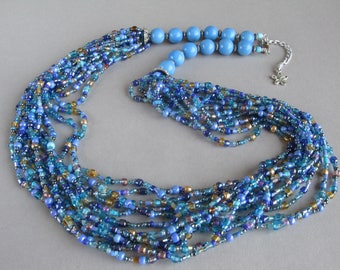 Blue beaded necklace, Seed beads jewelry, Blue necklace, Multistrand necklace