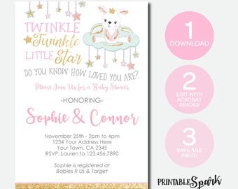 Twinkle Twinkle Little Star Baby Shower Invitation, INSTANT DOWNLOAD, Girl Baby Shower, Elegant Baby Shower, Edit Yourself now!