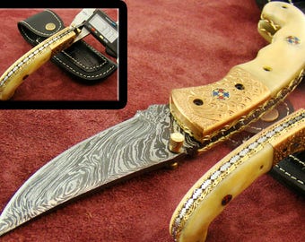Damascus Folding Pocket Knife Hand Engraved Brass Inner Lock Damascus Knife Camel Bone Handle Top Quality (9259-6-4400
