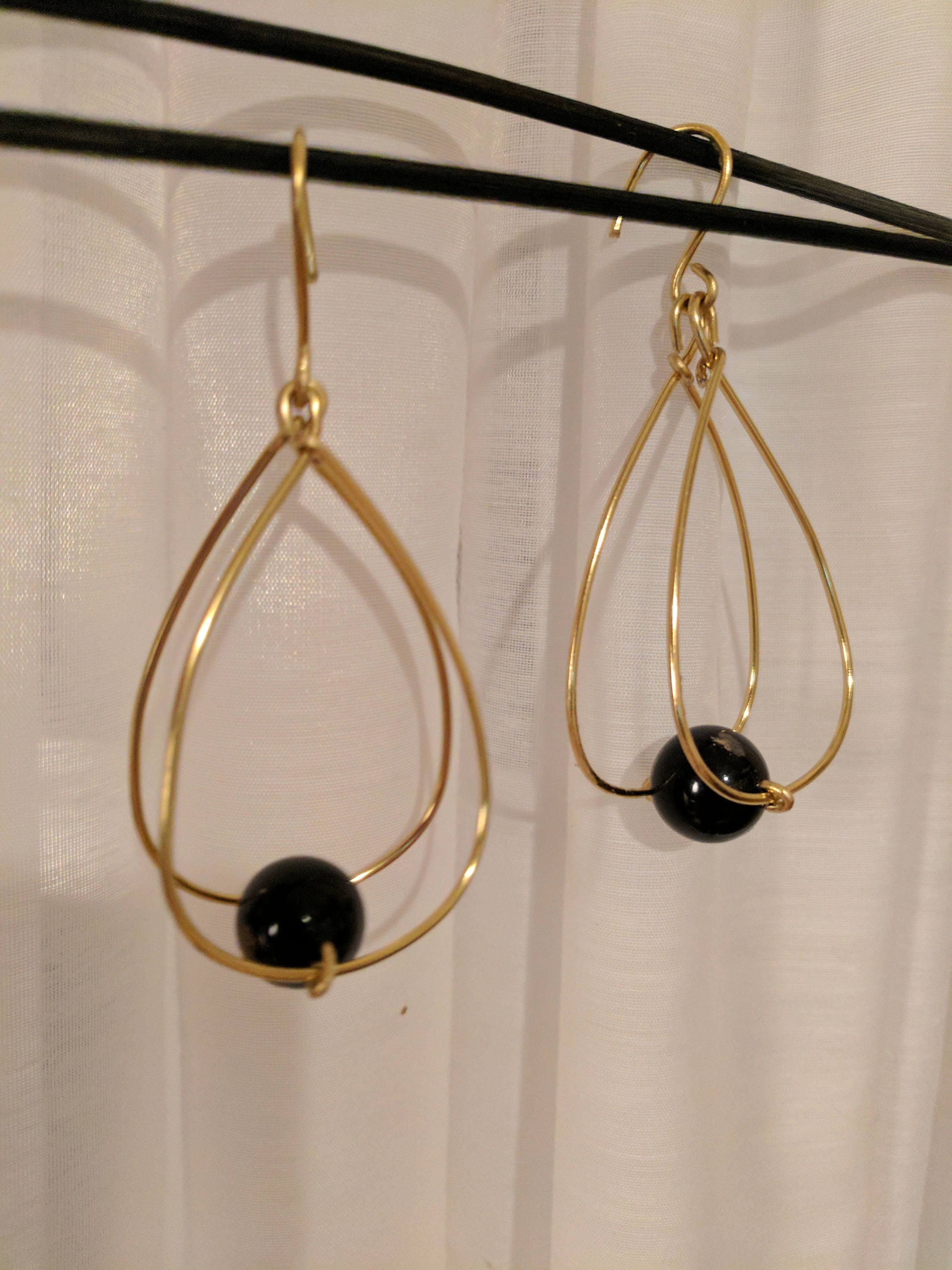 Long Dangle Oval Hoop Earrings Golden with Black Agate Ball