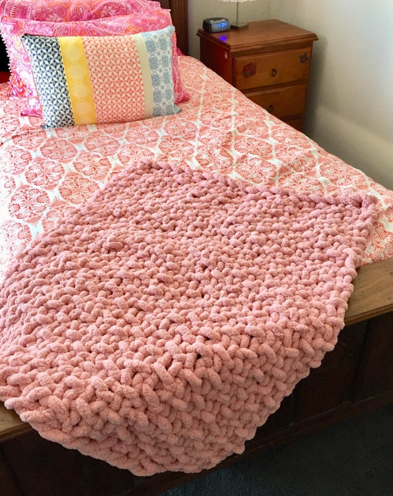 Blush pink chunky knit blanket chenille super thick yarn for