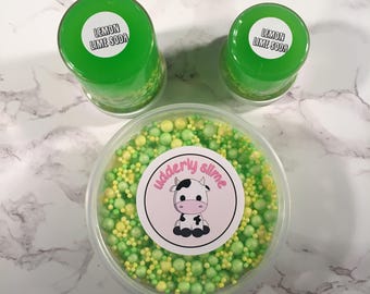 Lemon Lime Soda - Green Clear Slime with Large & Small Yellow and Green Beads (Scented LEMON LIME)