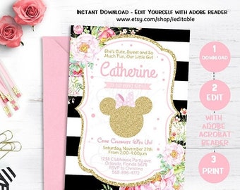 25% OFF SALE Pink & Gold Minnie Mouse Birthday Invitation Invite, Girls Birthday Floral Flowers, Editable Invitation Template Instant downlo
