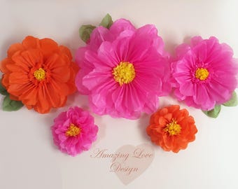 Hot pink and orange paper flowers tissue paper decorations
