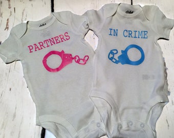 PARTNERS IN CRIME- Funny Baby Clothes, Funny Onsies, Funny Baby Shirts,Twin Onesies
